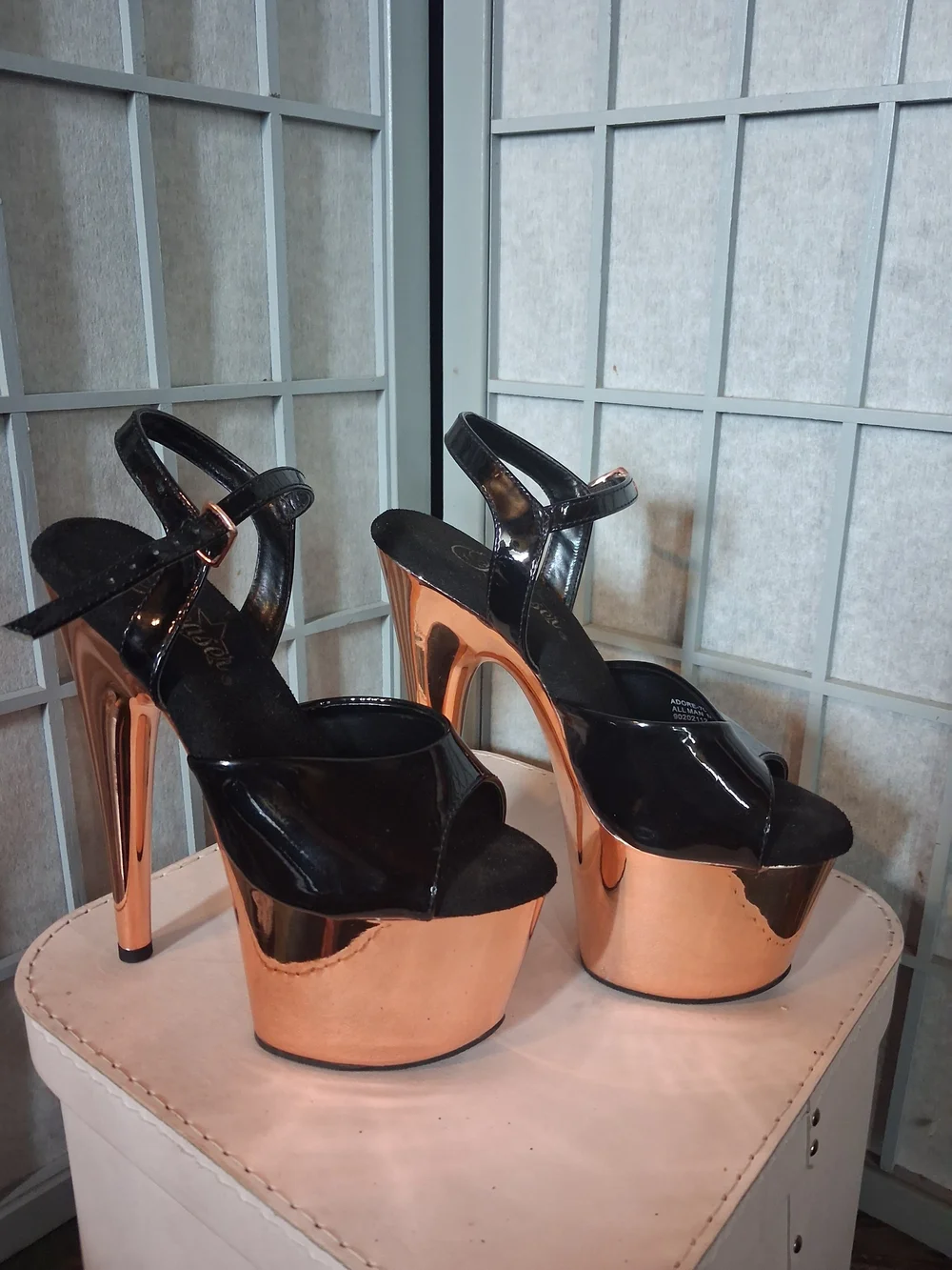 🖤👡Pleaser Black Patent & Rose Gold Chrome Platform Heels | Exotic Dance Shoes